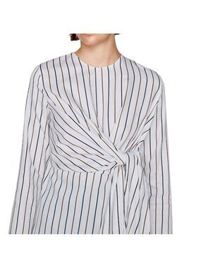 Zara Cotton Poplin Striped Bow Long Sleeve Tunic Top